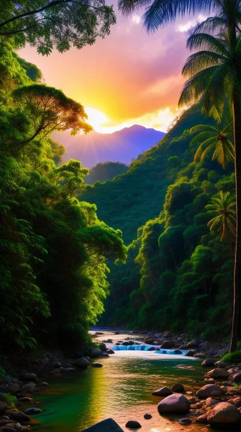 mountain valley, tropical forest, river, flowers, sunset, soft beams of light, soft shadows,