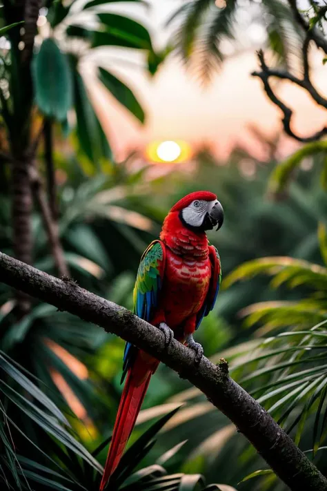 a parrot sits on a branch, jungle ruin in sunset 8k dslr photograph with film grain 8k, RAW photo, dslr, realistic, ultra high res:1.2, delicate, colorful, vibrant colors, amazing scene lighting, light_on_front_face:1.3, bokeh),