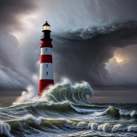 An ultra-detailed oil painting of a lighthouse surrounded by raging waves and stormy skies. (dramatic:1.4), (hyper-realistic), (highly detailed:1.5), (intricate details:1.2), (palette knife:1.2), (by Greg Manchess), (HDR:1.3), (intense:1.1), (cinematic lighting:1.3), (trending on CGsociety), (surreal:1.2), (high contrast:1.3), (oil painting texture:1.5), (dramatic shadows:1.2)
