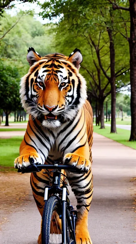 A tiger is riding a bicycle and strolling in the park