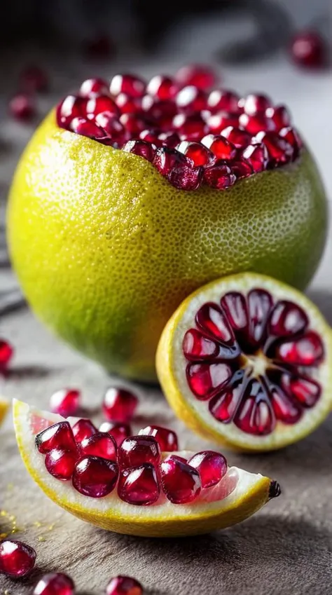 ((masterpiece:1.3,concept art,best quality)),crushed pomegranate and lemon slices, droplets, (macro: 0.9), sunlight, fantasy art, dynamic composition, dramatic lighting, epic realistic, award winning illustration