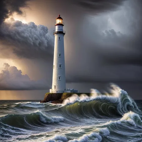 An ultra-detailed oil painting of a lighthouse surrounded by raging waves and stormy skies. (dramatic:1.4), (hyper-realistic), (highly detailed:1.5), (intricate details:1.2), (palette knife:1.2), (by Greg Manchess), (HDR:1.3), (intense:1.1), (cinematic lighting:1.3), (trending on CGsociety), (surreal:1.2), (high contrast:1.3), (oil painting texture:1.5), (dramatic shadows:1.2)