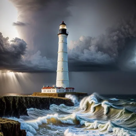 An ultra-detailed oil painting of a lighthouse surrounded by raging waves and stormy skies. (dramatic:1.4), (hyper-realistic), (highly detailed:1.5), (intricate details:1.2), (palette knife:1.2), (by Greg Manchess), (HDR:1.3), (intense:1.1), (cinematic lighting:1.3), (trending on CGsociety), (surreal:1.2), (high contrast:1.3), (oil painting texture:1.5), (dramatic shadows:1.2)