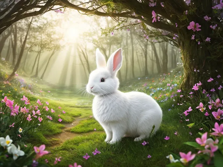 ((close up photo of a white rabbit)) in an enchanted forest, sitting on the lawn surrounded by magical flowers, lilies, orchids, daytime, fireflies, spring, crepuscular rays, fantasy cover art style, nvinkpunk Detailed landscape dndart, ((fantasy landscape)), (dnd concept environment art:1.4), volumetric fog, halation, bloom, dramatic atmosphere, centred, rule of thirds, 200mm 1.4f macro shot, fantasy style, clean art, shaded flat illustration, digital art, highly detailed, fine detail, intricate