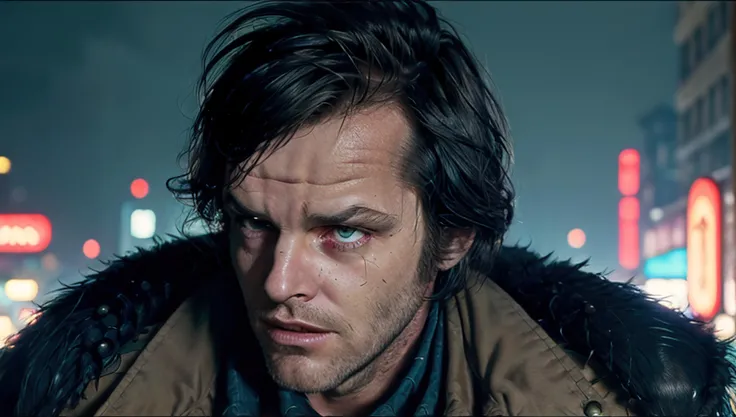 <lora:j4ckn1ck:1> sks man, handsome, outdoors, a still in blade runner, long coat, large coat collar, dress shirt, tie, black hair, punk haircut, detective, disheveled, haggard, film noir, cyberpunk, neon, , detailed realistic eyes, orange glow reflection in eyes, beautiful detailed face, 1980s retro futuristic fashion clothes, , posing, widescreen wallpaper, neon light, pink neon, blue neon, backlit, dramatic, emotional, cyberpunk city, futuristic flying cyberpunk cars, crowded city streets, (los angeles), futuristic, intricate, extremely detailed, raining in the background, heavy rain, epic masterpiece, trending on artstation, modeling photography, (80 mm)
