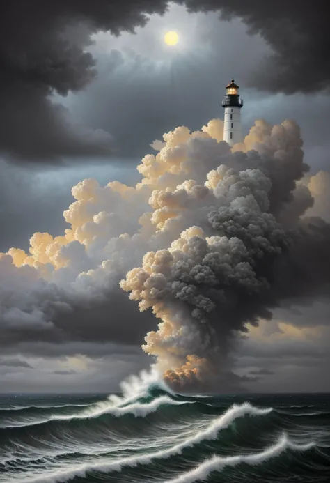 An ultra-detailed oil painting of a lighthouse surrounded by raging waves and stormy skies. (dramatic:1.4), (hyper-realistic), (highly detailed:1.5), (intricate details:1.2), (palette knife:1.2), (by Greg Manchess), (HDR:1.3), (intense:1.1), (cinematic lighting:1.3), (trending on CGsociety), (surreal:1.2), (high contrast:1.3), (oil painting texture:1.5), (dramatic shadows:1.2)
