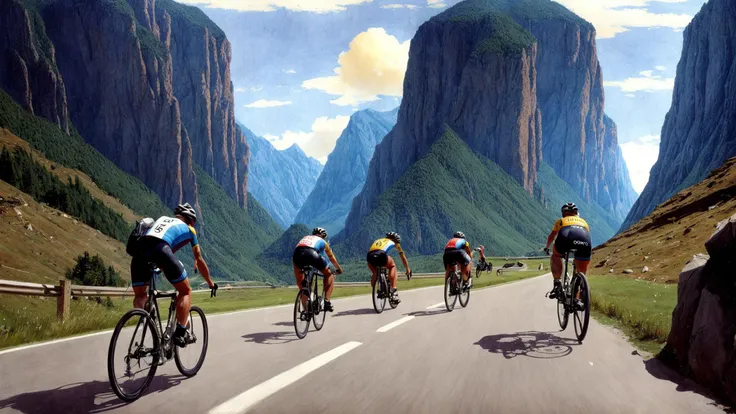 Hyper-realistic (oil painting) ((view from behind, (tour de france, racing bicycles), cyclists riding racing bicycle in a group down a (narrow winding mountain road), motion blur,alps, racing bicycle ,sharp grey cliffs, slim athletes, sports broadcast, cameras,single motorcycle,cyclists,bike, tour de france, bicycle race, bystanders on roadside)),exhausted, power, force, torture,sweat,morning light, broken clouds, sunshine,colorful,azure blue water,intricate details,atmosphere,dangerous,realistic, best quality, high quality, absurdres, masterpiece, intricate details, highres, cinematic,<lora:COOLKIDS_MERGE_V2.5:0.3> , <lora:add_detail:1>, by Frederic Remington