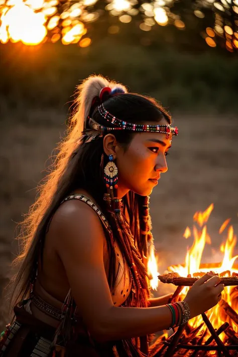 (masterpiece)+, (best quality)+, (intricate detail)+, (detailed face)+, sunset, (female comanche shaman in a trance)++, campfire, embers, depth of field, bokeh, lens flare, camera artefacts, motion blur, slow shutter speed, film still, epic theme, HDR, 4k, imax camera