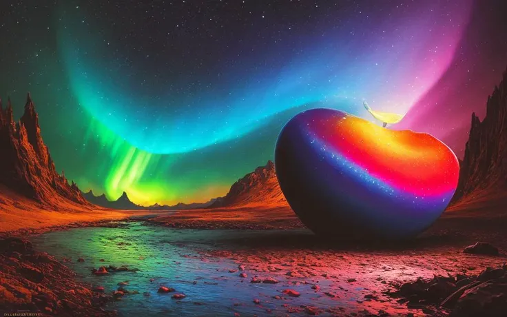 masterpiece, best quality, real, photoshoot, realistic, landscape, (acrylic paint:0.4), art, artstation, (cartoon:0.5), dull colors, tesseract, strange geometry, confusing, multidimensional, unusual shapes, nebula, black hole, dark, destroyed planet, molten, light diffraction, caustics, Swarovski diamond, one apple surface blends into it, (liquid paint rainbow the apple:1.2) made by (acrylic pouring:1.3), bottom-up view, in perspective, the image is distorted by a fisheye lens, perspective,, luminescent, grow in the valley, northern lights, bright colors, another planet, distant galaxy, night sky, absurdity, unreality, illusion, neon glow, 8k quality, diffuse lighting, highres, (dark shot:1.17), epic realistic, faded, ((neutral colors)), art, (hdr:1.5), (muted colors:1.2), hyperdetailed, (artstation:1.5), cinematic, warm lights, dramatic light, (intricate details:1.1), complex background, (rutkowski:0.8), (teal and orange:0.4)