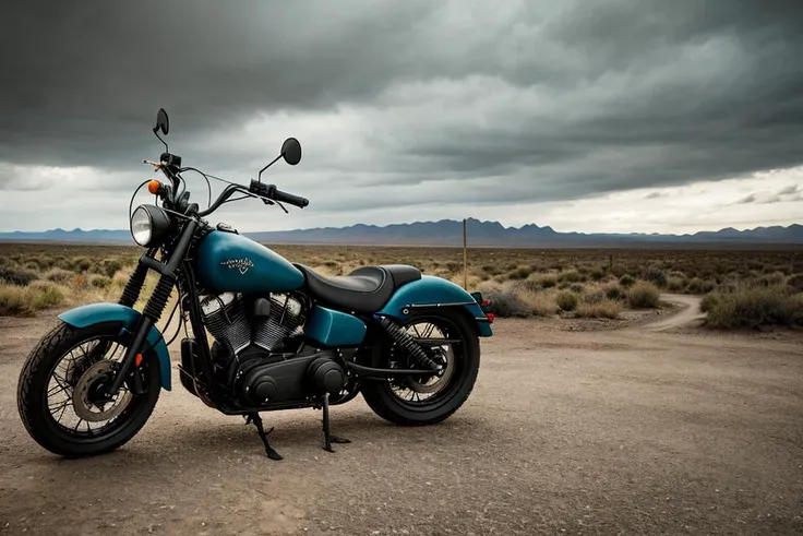 Create a cinematic, filmic image [8k wallpaper] of [post nuclear wasteland] in [fallout style], with [detailed linework], [dynamic shading], and [rich colors]. Show [wasteland chopper motorcycle with naked woman on it] [black and rusted] at a [abandoned gas station] before the storm, with the [hot summer sun] still shining brightly in the sky, but in the distance, the sky is a [dark and foreboding shade of blue], hinting at an impending storm. The image should be captured in [natural light], with [soft shadows] that highlight motorcycle, and [colors] that are [raw] and [vibrant], showcasing the [rugged and gritty] elements of the motorcycle while remaining grounded in a sense of [realism]. The overall mood of the image should be [post nuclear], [post-apocalyptic], with a sense of [melancholy], [loneliness], and [desolation], showing the complete scene with [complete motorcycle]. Please generate a [single], [realistic size] [complete and fully functional motorcycle]. Ensure that all necessary parts are included and that the motorcycle is visually [consistent and cohesive]. The image of motorcycle should be a single, full-motorcycle, without any duplicates or miniature versions), (rutkowski)