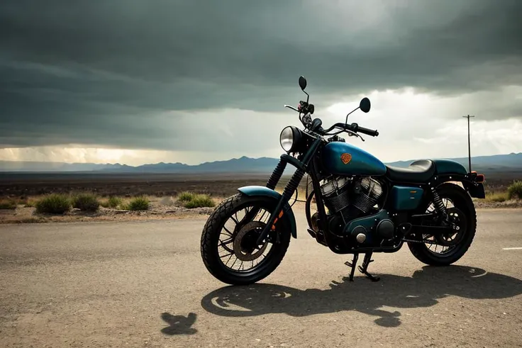 Create a cinematic, filmic image [8k wallpaper] of [post nuclear wasteland] in [fallout style], with [detailed linework], [dynamic shading], and [rich colors]. Show [wasteland chopper motorcycle with naked woman on it] [black and rusted] at a [abandoned gas station] before the storm, with the [hot summer sun] still shining brightly in the sky, but in the distance, the sky is a [dark and foreboding shade of blue], hinting at an impending storm. The image should be captured in [natural light], with [soft shadows] that highlight motorcycle, and [colors] that are [raw] and [vibrant], showcasing the [rugged and gritty] elements of the motorcycle while remaining grounded in a sense of [realism]. The overall mood of the image should be [post nuclear], [post-apocalyptic], with a sense of [melancholy], [loneliness], and [desolation], showing the complete scene with [complete motorcycle]. Please generate a [single], [realistic size] [complete and fully functional motorcycle]. Ensure that all necessary parts are included and that the motorcycle is visually [consistent and cohesive]. The image of motorcycle should be a single, full-motorcycle, without any duplicates or miniature versions), (rutkowski)