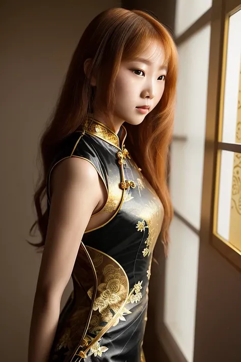 messy long flowing ginger hair, ( gold|black translucent:1.4 cheongsam:1.331), ((A young girl made out of porcelain with patterns on the skin painted with gzhel)), cyborg, gorgeous and seductive, masterpiece, (intricate:1.1), best quality, 8k, cinematic lighting, Realistic, volumetric shadow, subsurface scattering