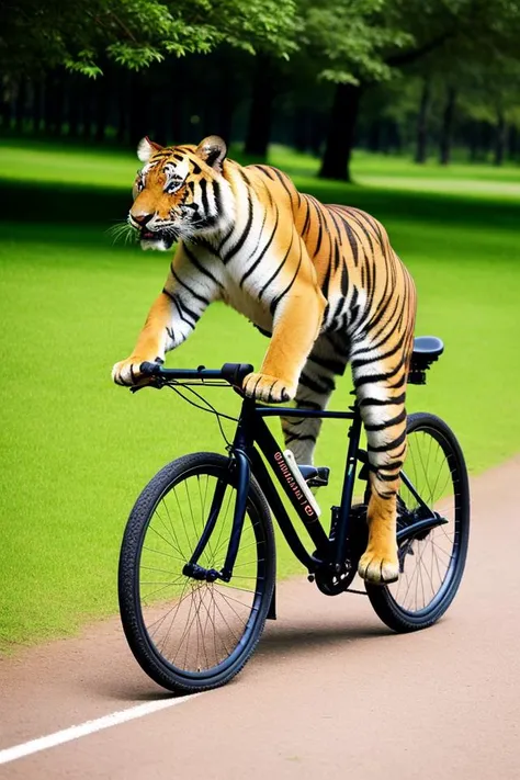 A tiger is riding a bicycle and strolling in the park