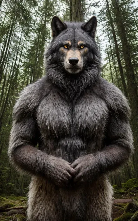 ((portrait)), award-winning photo portrait of a werecreature werewolf wolf, wearing a black and silver armor, with gigant axe in the hands, forest trees background, large head,