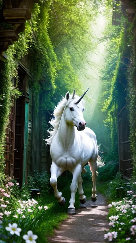 extremely detailed wallpaper, white unicorn run in green forest alley, dynamic pose, spring, morning, beams of light, flowers, (intricate details:1.12), hdr, (intricate details, hyperdetailed:1.15), (cinematic look:1.4), soothing tones, insane details, intricate details, hyperdetailed, low contrast, soft cinematic light, dim colors, exposure blend, hdr, faded, slate gray atmosphere