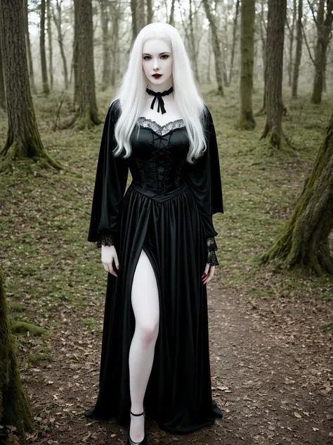 female vampire|albino,pale porcelain skin, vintage black dress, smile, shallow depth of field, sadistic, nightfall, detailed face, night,wide hips,narrow waist,portrait of woman standing,detailed eyes, portrait of woman standing,8k RAW photo, highest quality, (looking at the viewer:1.3), best shadow, intricate details, (bold hair:1.3),(bright eyes),forest, grave,gothic,goth