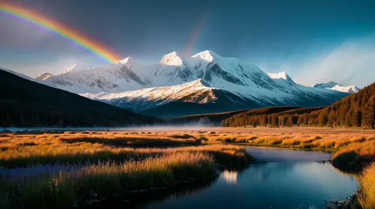 HDR 4K, landscape Photography, A rainbow over a mountain lake surrounded by snow capped peaks, Chromatic, Comic Book, Floral, ambient light, backlight masterpiece, realistic, award winning, volumetric light and fog, subsurface scattering, caustics, bloom, perfect exposure, perfect composition, rule of thirds, 8k, hdr10, cinematic, breathtaking, ray tracing, raw image, best quality, atmospheric scene, diffuse lighting, natural soft colors, hyperrealistic, (rutkowski),