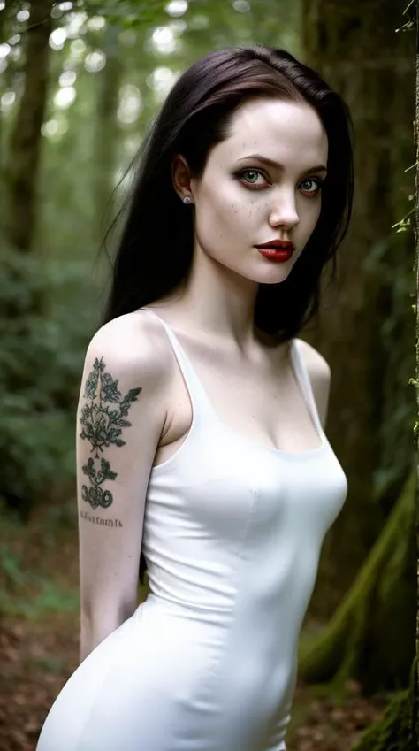 (18 years old young woman: Angelina Jolie:0.9), female vampire|albino,pale porcelain skin, freckles, vintage black latex dress, smile, shallow depth of field, sadistic, nightfall, detailed face, (deep purpure and red eyes), night,wide hips,narrow waist,portrait of woman standing,detailed eyes, portrait of woman standing,8k RAW photo, highest quality, (looking at the viewer:1.3), best shadow, intricate details, (bold hair:1.3),(bright eyes),forest, grave,gothic,goth, hyperrealistic, (rutkowski) <lyco:locon_angelina_v1_from_v3_64_32:1>
