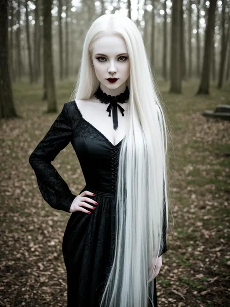 female vampire|albino,pale porcelain skin, vintage black dress, smile, shallow depth of field, sadistic, nightfall, detailed face, night,wide hips,narrow waist,portrait of woman standing,detailed eyes, portrait of woman standing,8k RAW photo, highest quality, (looking at the viewer:1.3), best shadow, intricate details, (bold hair:1.3),(bright eyes),forest, grave,gothic,goth