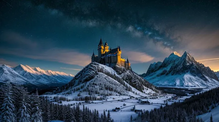HDR 4K, landscape Photography (masterpiece, best quality:1.2), ultra-detailed, Castle snow mountains, (at night very dark light magic landscape:1.3),(realistic:1.5), Movie, Science-Fiction, cinematic lighting, two point lighting, raw image, best quality, atmospheric scene, diffuse lighting, natural soft colors, hyperrealistic, (rutkowski),