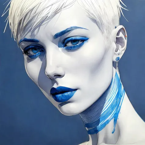 portrait of 1 beautiful woman, pale skin, blue short hair, blue lips, perspective,
(ink sketch by Enki Bilal)
high contrast, best shadow, cinematic lighting
(masterpiece, best quality:1.3),
<lora:methurlant:0.8> <lora:add_detail:1>