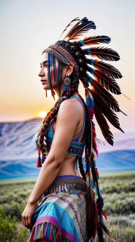 masterpiece, ultra HD, vivid colors, high contrast, Native American princess, beaded dress, feather headdress, braided hair, plains, sunset, wild horses, spiritual, free, arduino