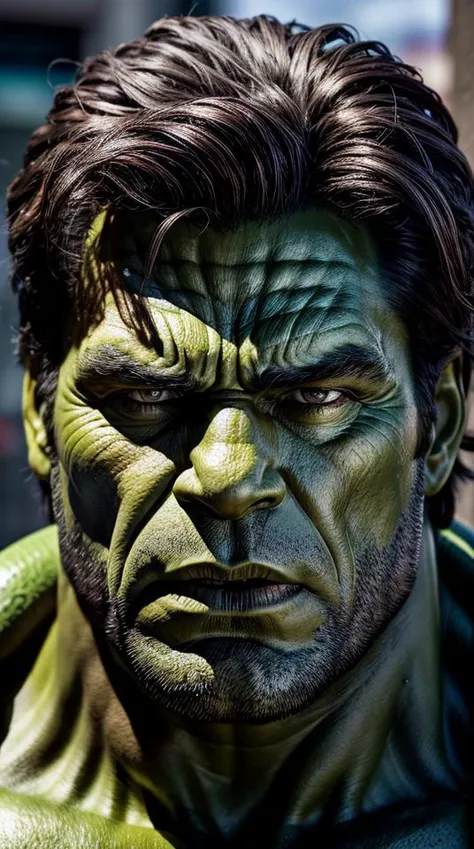 Closeup photo portrait of Hulk, frontal view, atmospheric scene, masterpiece, best quality, (detailed beautiful face, detail skin texture, ultra-detailed body:1.1),