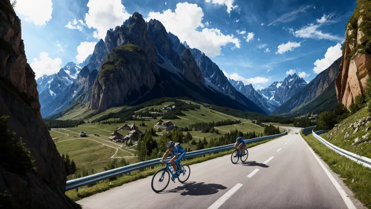 Hyper-realistic (oil painting) ((view from behind above, (tour de france, (extremely detailed racing bicycles)), cyclists riding racing bicycle in a group down a narrow mountain road, motion blur,alps, racing bicycle ,sharp grey cliffs, slim athletes, sports broadcast, cameras,single motorcycle,cyclists,bike, tour de france, bicycle race, bystanders on roadside)),exhausted, power, force, torture,sweat,morning light, broken clouds, sunshine,colorful,azure blue water,intricate details,atmosphere,dangerous,realistic, best quality, high quality, absurdres, masterpiece, intricate details, highres, cinematic,<lora:COOLKIDS_MERGE_V2.5:0.8> , <lora:add_detail:1>, by Caspar David Friedrich