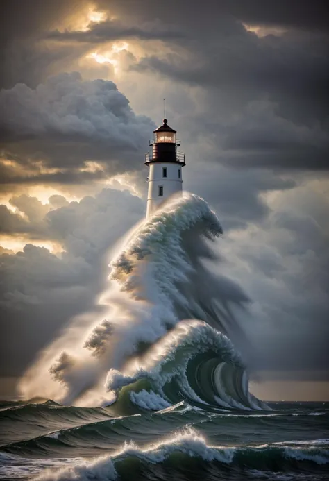 An ultra-detailed oil painting of a lighthouse surrounded by raging waves and stormy skies. (dramatic:1.4), (hyper-realistic), (highly detailed:1.5), (intricate details:1.2), (palette knife:1.2), (by Greg Manchess), (HDR:1.3), (intense:1.1), (cinematic lighting:1.3), (trending on CGsociety), (surreal:1.2), (high contrast:1.3), (oil painting texture:1.5), (dramatic shadows:1.2)