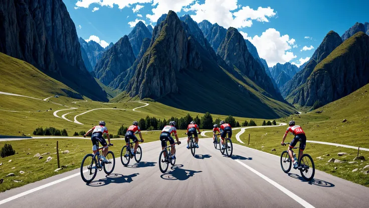 Hyper-realistic (oil painting) ((view from behind above, (tour de france, (extremely detailed racing bicycles)), cyclists riding racing bicycle in a group down a narrow mountain road, motion blur,alps, racing bicycle ,sharp grey cliffs, slim athletes, sports broadcast, cameras,single motorcycle,cyclists,bike, tour de france, bicycle race, bystanders on roadside)),exhausted, power, force, torture,sweat,morning light, broken clouds, sunshine,colorful,azure blue water,intricate details,atmosphere,dangerous,realistic, best quality, high quality, absurdres, masterpiece, intricate details, highres, cinematic,<lora:COOLKIDS_MERGE_V2.5:0.8> , <lora:add_detail:1>, by Caspar David Friedrich