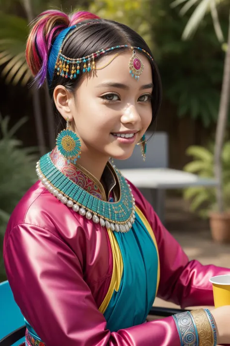 1girl, [ (art by Edward Henry Potthast:1.3) | (Willem van Aelst:0.7) | (LeRoy Neiman:1.2) ], vibrant Digital painting, majestic, 3/4 view of a dressed in a very Explosive fluorescent blue Bohemian Neoprene [Gho|Coronet], Bold Rustic slight Yuan Dynasty (Girl:1.3) , she is Collecting stamps, she is inside a Cup, ð¤¡, she is feeling very akward, intricate details, her hair is Deformed and styled as Undercut, the Girl has a Offensive Masai Silver Braces, Frantic Bindi, dense foliage and Aries constellation in background, Clear skies, Very wide view, Realistic, Guilty, Hyperrealism, Gel lighting, pinhole lens, Calotype, Teal and electric yellow splash, Embossing, sharp and in focus, pretty Emerald Green eyes, Highres, Flickr, emotive, ultra detailed