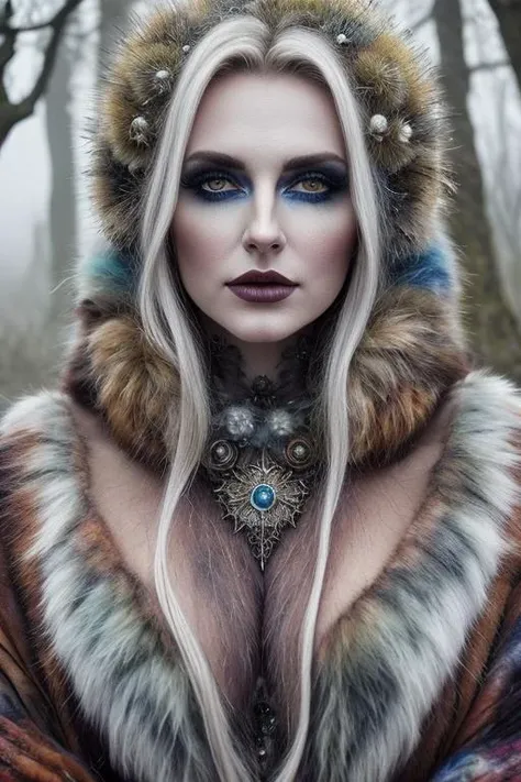 painted world, upper body painting of a woman in tattered druid attire,fur cloak,bombshell hair, cosmic energies envelop the woman, The overall effect is a visual equation where peerless beauty meets magical fantasy, resulting in an image that defies conventional notions of time and place