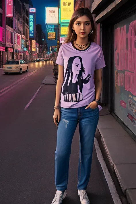 <lora:Sarah_Miller_TLOU:1>sarah, jeans and t-shirt, street, neon lights