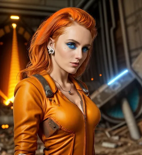 <lora:p34ch_20SD-000007:0.8>, a (close up:1.3) of 22 year old beautiful(p34ch woman:1.1) as a nuclear engineer,wearing (eggnog yellow coveralls:1.1),(holding a sledge hammer:1.3) with both hands,long dark dark hair,smirk,lips,makeup and eyeshadow,(face focus),portrait,working inside an (abandoned nuclear power plant:1.4),with high arched concrete ceilings,surrounded by (large gauges on rusted motors and busted turbine engines:1.3), (pulsing orange sparks and electric blue plasma arcs:1.3),cinematic, 4k wallpaper, highly detailed, bokeh