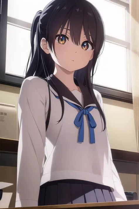 ruriichigyou, <lora:ruri ichigyou movie-lora-nochekaiser:1>,
ruri ichigyou, long hair, (black hair:1.5), hair between eyes, (brown eyes:1.2), two side up,
BREAK skirt, school uniform, pleated skirt, serafuku, black skirt, long sleeves,
BREAK indoors, classroom,
BREAK looking at viewer, (cowboy shot:1.5),
BREAK <lyco:GoodHands-beta2:1>, (masterpiece:1.2), best quality, high resolution, unity 8k wallpaper, (illustration:0.8), (beautiful detailed eyes:1.6), extremely detailed face, perfect lighting, extremely detailed CG, (perfect hands, perfect anatomy),