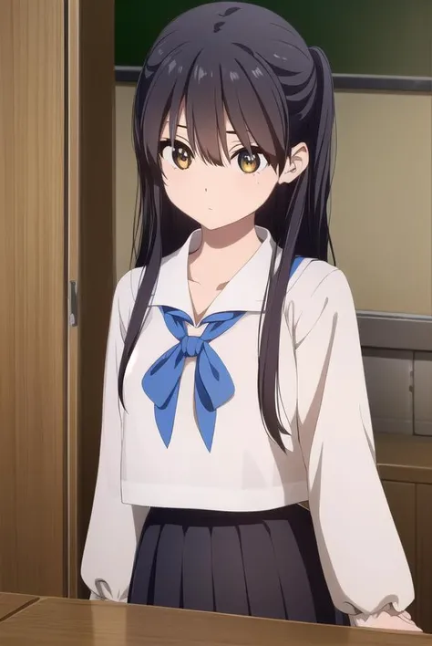 ruriichigyou, <lora:ruri ichigyou movie-lora-nochekaiser:1>,
ruri ichigyou, long hair, (black hair:1.5), hair between eyes, (brown eyes:1.2), two side up,
BREAK skirt, school uniform, pleated skirt, serafuku, black skirt, long sleeves,
BREAK indoors, classroom,
BREAK looking at viewer, (cowboy shot:1.5),
BREAK <lyco:GoodHands-beta2:1>, (masterpiece:1.2), best quality, high resolution, unity 8k wallpaper, (illustration:0.8), (beautiful detailed eyes:1.6), extremely detailed face, perfect lighting, extremely detailed CG, (perfect hands, perfect anatomy),