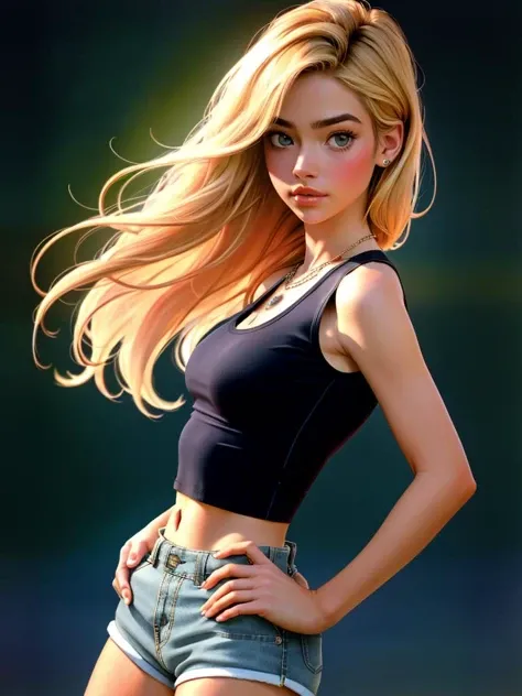 Realistic photo of a beautiful d3n1s3r woman, 1girl,solo,breasts,looking at viewer,blonde hair,jewelry,medium breasts,shorts,midriff,necklace,from side,lips,crop top,hand on hip,short shorts,black shorts,tank top,realistic,nose, soft lighting, professional Photography, Photorealistic, detailed, RAW, analog, sharp focus, 8k, HD, high quality, masterpiece<lora:d3n1s3r:1.0>