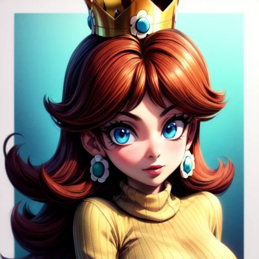 (masterpiece), (best Quality), princess daisy, blue eyes, long hair, orange hair, crown, daisy, virgin destroyer sweater