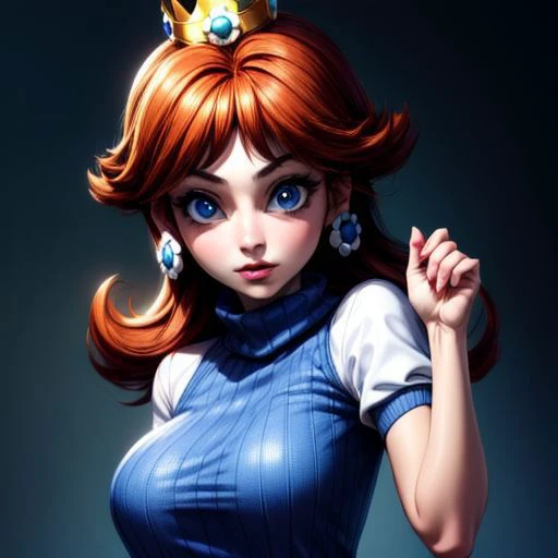 (masterpiece), (best Quality), princess daisy, blue eyes, long hair, orange hair, crown, daisy, virgin destroyer sweater