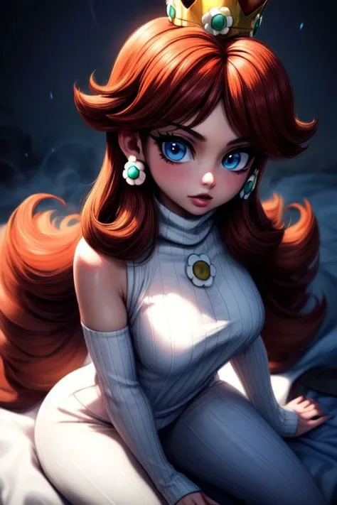 (masterpiece), (best Quality), princess daisy, blue eyes, long hair, orange hair, crown, daisy, virgin destroyer sweater