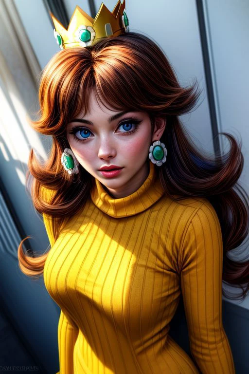 (masterpiece), (best Quality), princess daisy, blue eyes, long hair, orange hair, crown, daisy, virgin destroyer sweater