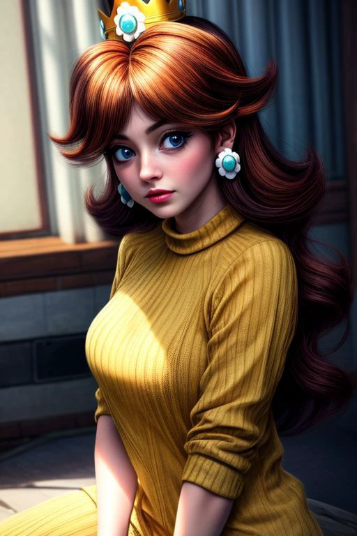 (masterpiece), (best Quality), princess daisy, blue eyes, long hair, orange hair, crown, daisy, virgin destroyer sweater
