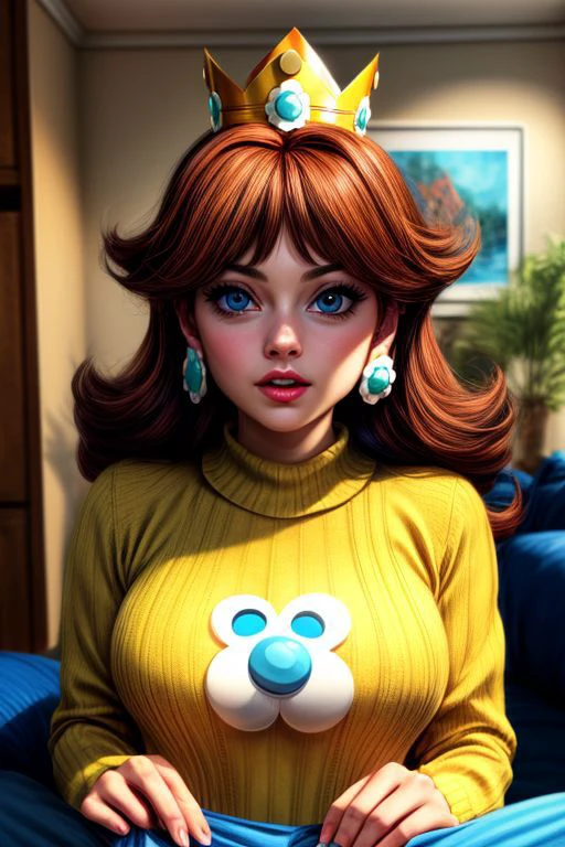 (masterpiece), (best Quality), princess daisy, blue eyes, long hair, orange hair, crown, daisy, virgin destroyer sweater