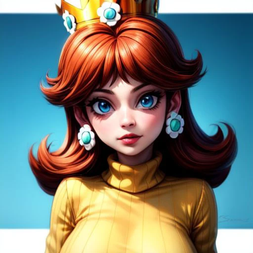 (masterpiece), (best Quality), princess daisy, blue eyes, long hair, orange hair, crown, daisy, virgin destroyer sweater