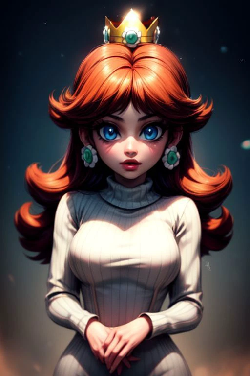 (masterpiece), (best Quality), princess daisy, blue eyes, long hair, orange hair, crown, daisy, virgin destroyer sweater