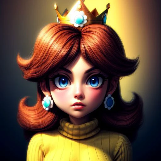 (masterpiece), (best Quality), princess daisy, blue eyes, long hair, orange hair, crown, daisy, virgin destroyer sweater