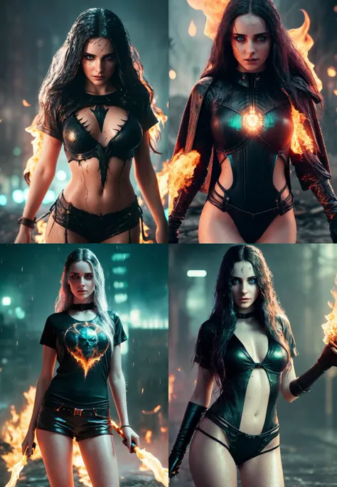 a medium shot photo of a demonic sorceress conjuring fire in a burning and destroyed gotham, protruding bones, detailed eyes, in a (T-shirt) wet from the (radioactive rain), woman with long hairs and detailed alluring eyes Thigh gap long sexy legs wearing tiny shorts mist, all wet, raining and burning, best quality masterpiece, photorealistic, detailed, 8k, HDR, shallow depth of field, broad light, high contrast, backlighting, bloom, light sparkles, flares, chromatic aberration, sharp focus, RAW color photo, modelshoot style, cinematic pallet, cyan and orangepallet