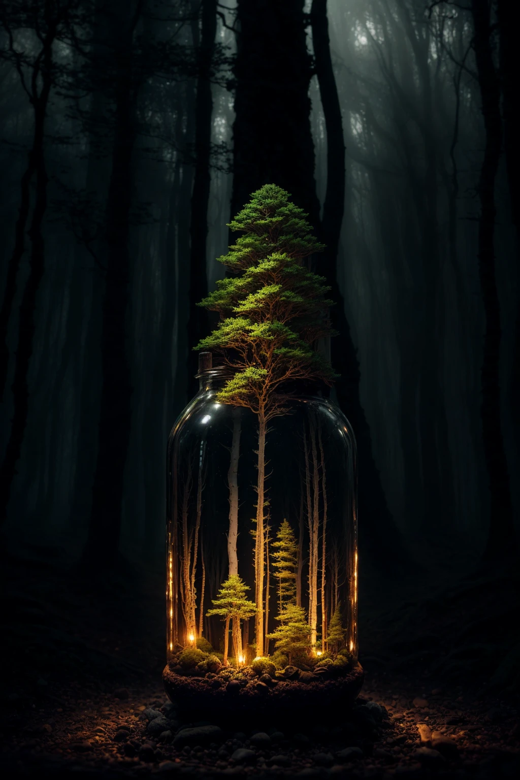 (An intricate forest minitown landscape trapped in a bottle), atmospheric oliva lighting, on the table, 4k UHD, dark vibes, hyper detailed, vibrant colours forest background, epic composition, octane render, sharp focus, high resolution isometric<lora:epiNoiseoffset_v2:1>