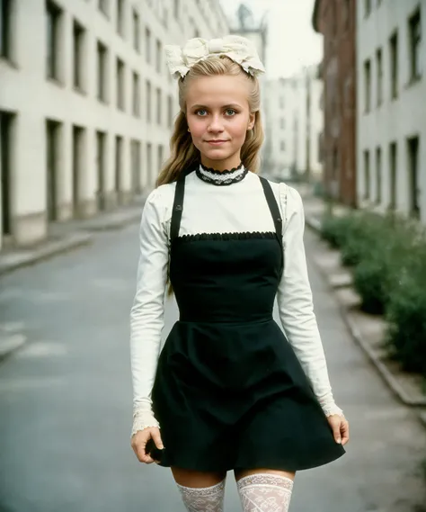 award winning 1980's ((full body)) historical photograph of a beautiful, fit, petite, (jp-svetF-4500:.85) as a 20 year old soviet college student, (((skintight black dress))) and a ((white lace apron)), walking to school in spring, ((soviet apartments)) in background, prefect features, smiling at camera, ((white bow in hair)), smooth skin, highly detailed, ((Kneehigh stockings)), surreal eyes, lips parted, lips parted, shot with a Zenit 35mm, Kodachrome iso100