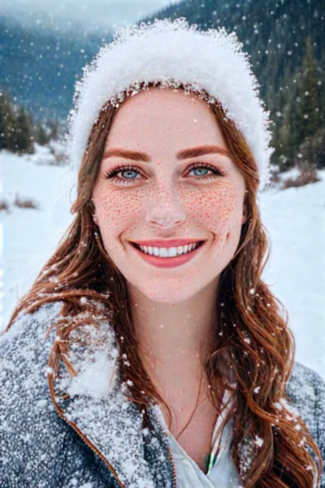 portrait of beautiful smiling woman with freckles, snow-covered mountain, full body, 16mm, 35mm, vivid colors, high quality, white balance, kodak film, high detail, 4k